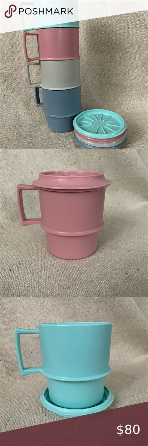 4 Set Rare Color Set Vintage Tupperware Stackable Mugs With Lids