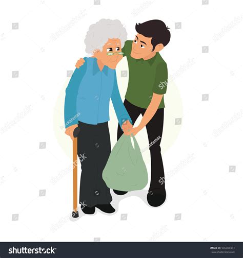 Volunteer Helping Her Grandmother Deliver Bag Stock Vector Royalty