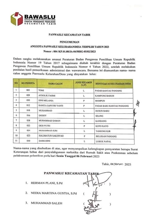 Panwascam Tabir Umumkan Hasil Seleksi Pengawas Pemilu Kelurahan Desa