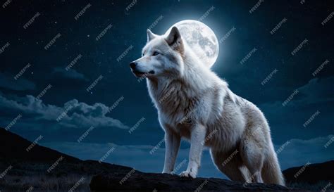 Premium Photo | White wolf with a moon background