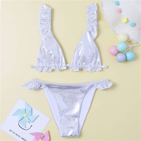 Girls Metallic Ruffle Trim Triangle Bikini Set Sex Vicedeal