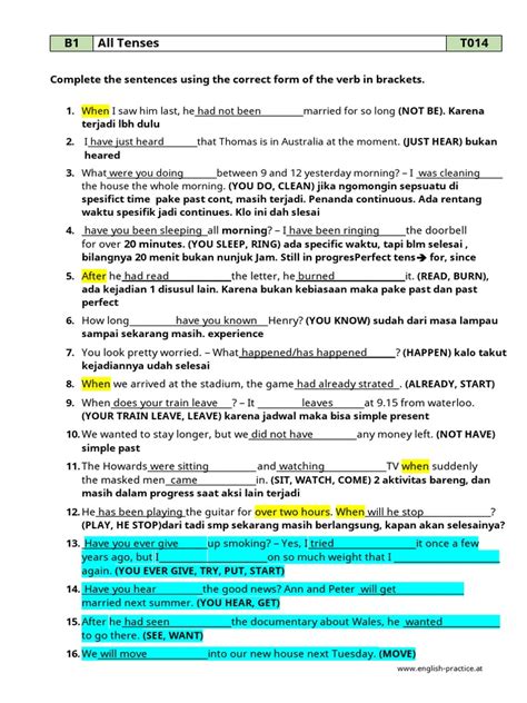 B1 All Tenses T014 Complete The Sentences Using The Correct Form Of