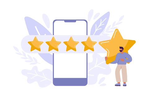 Tiny Man Satisfied Customer Give Rating Stars On Smartphone People