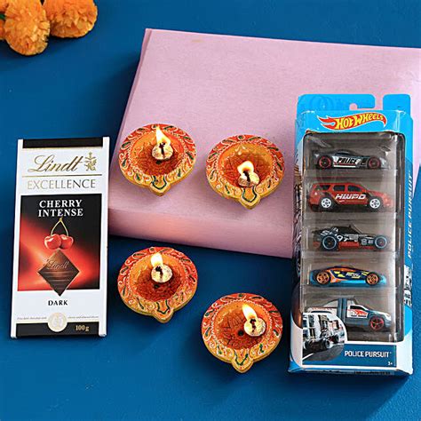 Designer Orange Diyas With Hot Wheels Set And Lindt Australia Gift