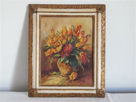 ANCIEN TABLEAU HUILE sur Panneau Bouquet de Fleurs Signé Jean