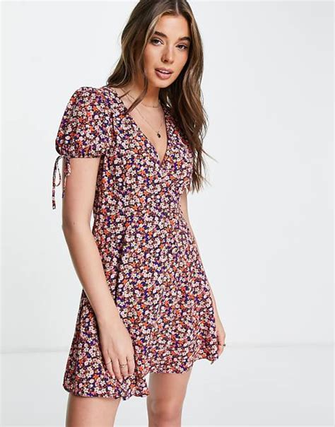 Asos Design Double Breasted Mini Tea Dress In Ditsy Floral Asos