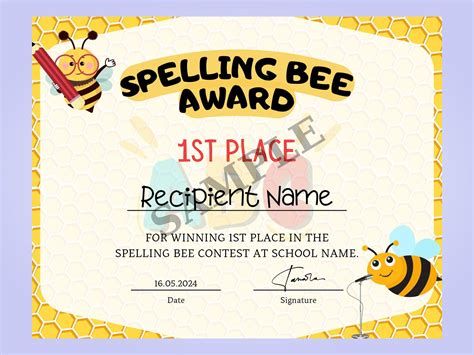 Editable Spelling Bee Certificate Template Spelling Participant Award Spelling Bee Canva