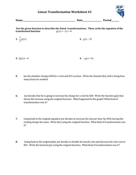 Transforming Linear Functions Worksheet