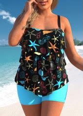 ROTITA Marine Life Print Plus Size Layered Hem Tankini Set Rotita