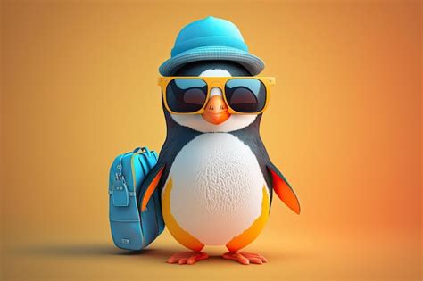 Pingüino viajero con sombrero azul y gafas de sol sobre fondo naranja