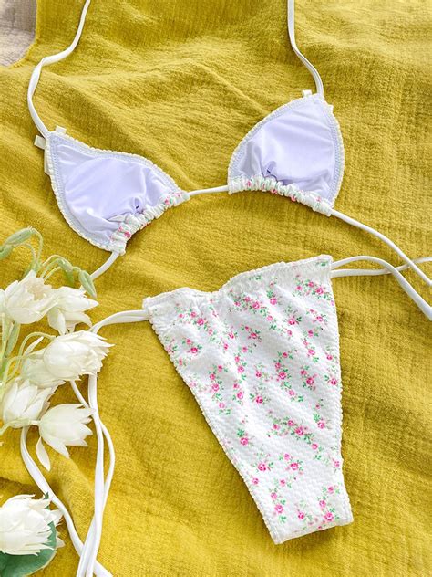 Flowers Bikini Set Pink Floral Bikini Set Drawstring Summer Etsy