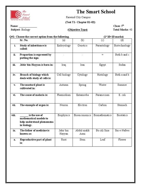 9th Class Chapter Wise Test 14 Pdf Biology Life Sciences