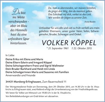 Traueranzeigen von Volker Köppel Trauer in NRW de