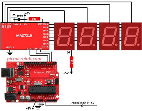 Arduino 4 Digit 7 Segment LED Voltmeter MAX7219 Microcontroller Based