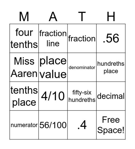 Decimal And Fraction Relationships Bingo Card