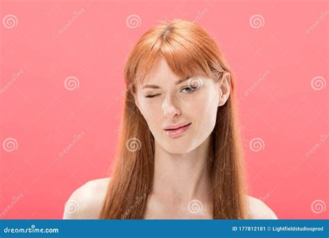 View Of Naked Redhead Girl Looking At Camera And Blinking Isolated On Pink Stock Image Image