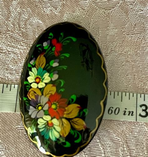 S S Russian Black Lacquer Hand Painted Floral Gem