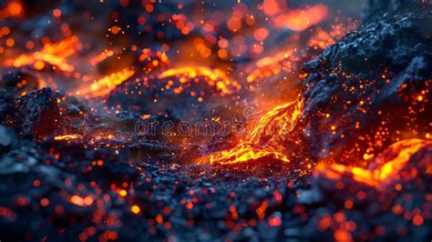 Close Up Of Glowing Molten Lava With Sparks Bright Lava Flows Amid