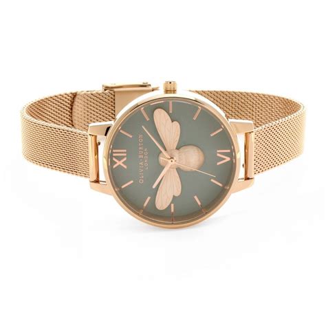 Olivia Burton Lucky Bee Dial Grey Rose Gold Mesh Watch Rose Gold