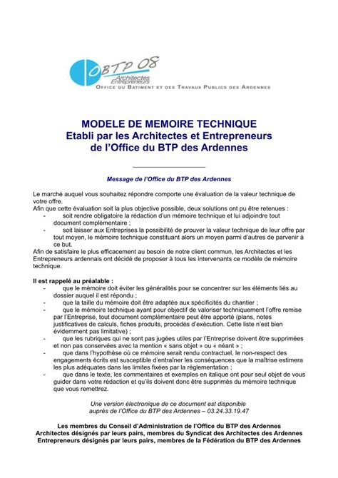 PDF MODELE DE MEMOIRE TECHNIQUE Etabli Par Les MODELE DE MEMOIRE