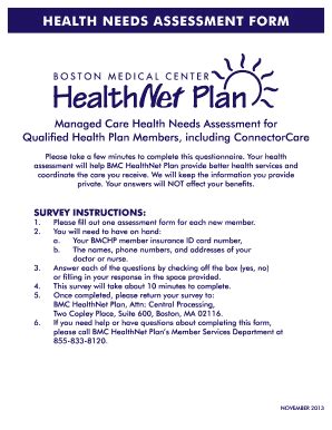 Health Needs Assessment Form Bmc Healthnet Plan Bmchp Fill And