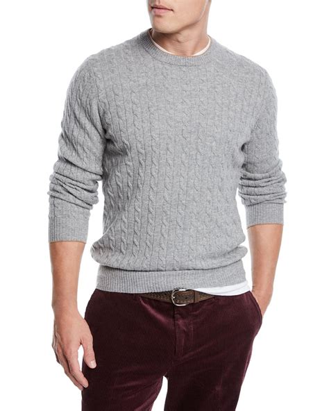 Brunello Cucinelli Men S Cashmere Cable Knit Crewneck Sweater In Gray