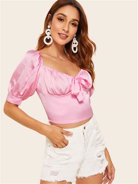 Shein Knot Front Puff Sleeve Crop Satin Blouse Satin Cami Top Satin