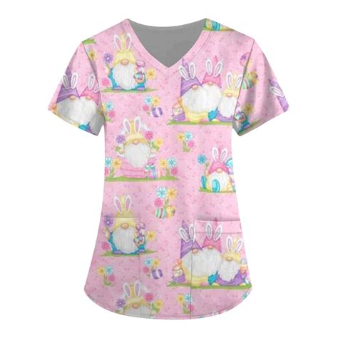 Knosfe Easter Day Scrubs V Neck Rabbit Workwear Short Sleeve Scrubs Shirts Women Bunny Medical