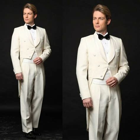 Cream Men S Swallowtail Tuxedos Double Breasted Tailcoat Groom Wedding