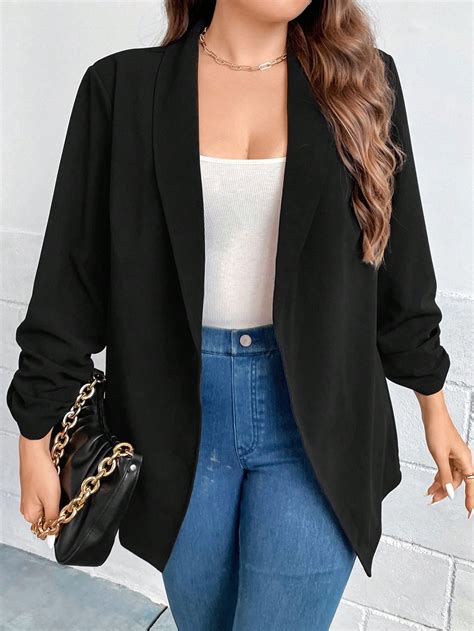 Shein Clasi Plus Shawl Collar Ruched Sleeve Open Front Blazer Shein Uk