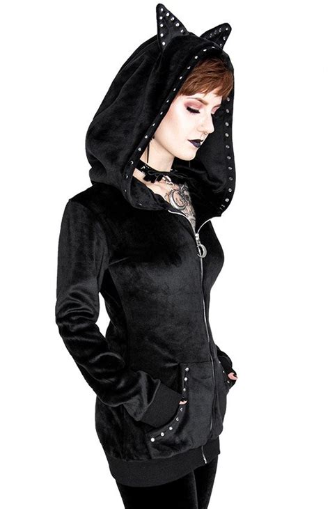 Sweat Hoodie Velours Noir à Capuche Oreilles De Chat Kawaii Gothique