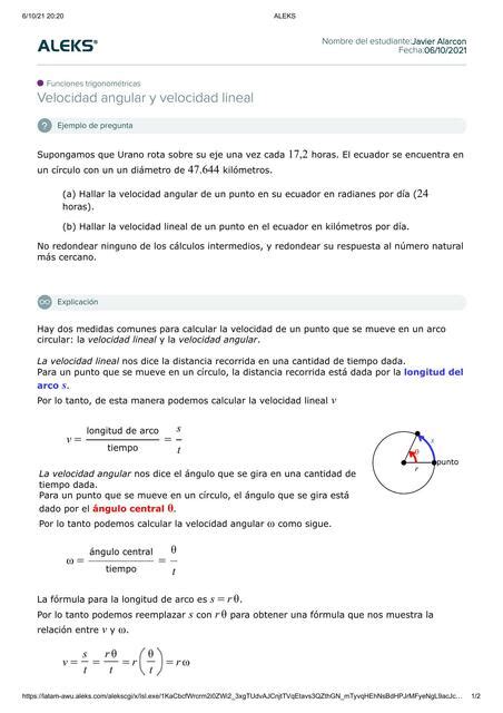 Velocidad Angular Y Velocidad Lineal Alarcon Bermudez Javier Udocz