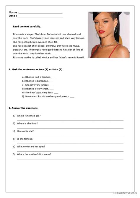 Rihanna Reading For Detail Dee English Esl Worksheets Pdf Doc