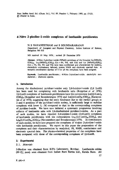 PDF 4 Nitro 2 Picoline L Oxide Complexes Of Lanthanide Perchlorates