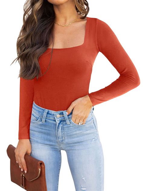 Reoria Womens Bodysuit Sexy Square Neck Long Sleeve Tops Orange Red Xl