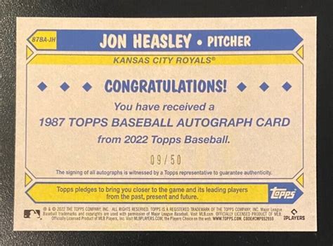 Jon Heasley 2022 Topps Update 1987 Topps Gold Auto RC 50 Kansas City