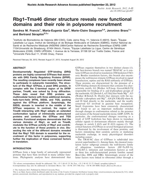 (PDF) Rbg1-Tma46 dimer structure reveals new functional domains and their role in polysome ...