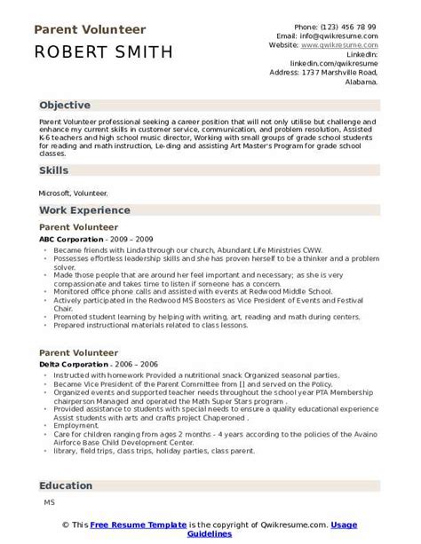 Parent Volunteer Resume Samples QwikResume