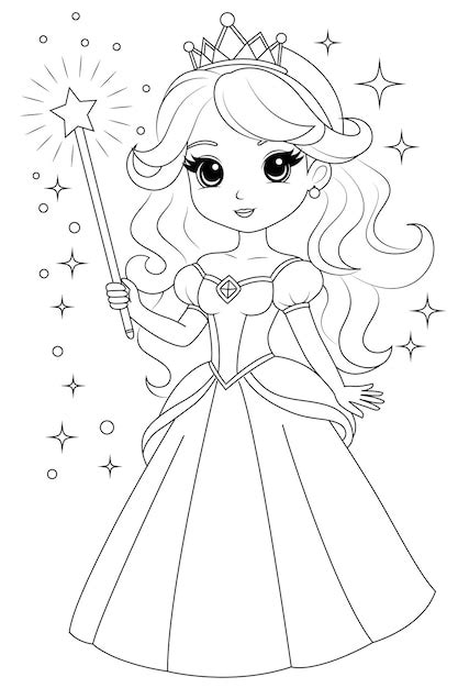 Página de colorear chibi princesa con una varita mágica Vector Premium