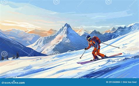 Vector Illustration Hand Drawn Advanced Skier Slides Near Mountain