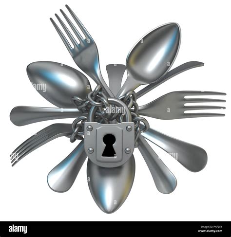 Fork And Spoon Cutlery Chain Locked 3d Illustration Horizontal