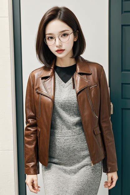 Premium Ai Image A Woman Wearing Glasses And A Sweater Is Wearing A Brown Leather Jacket