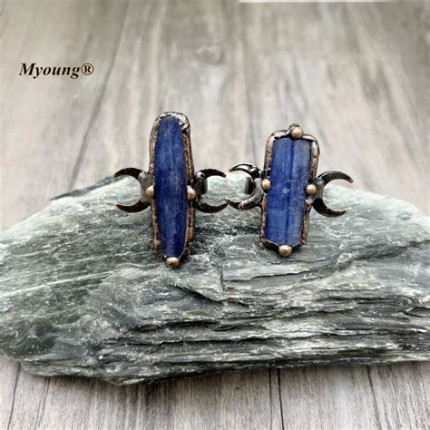 10PCS Bronze Plated Natural Kyanite Adjustable Moon Rings For Women