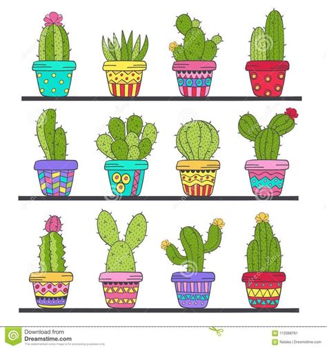 Ilustración acerca Sistema del cactus aislado en potes en estante