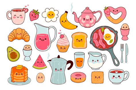 Premium Vector | Cute kawaii food set for breakfast vector graphics