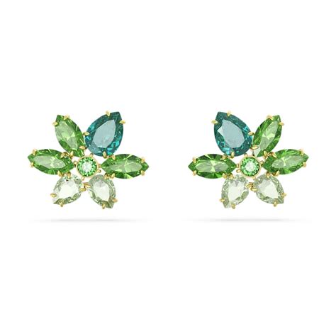 Gema Stud Earrings Mixed Cuts Flower Green Gold Tone Plated Swarovski