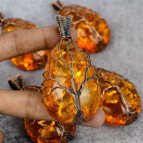 Cheap Baltic Amber Gemstone Pure Copper Wire Wrap Handmade Jewelry