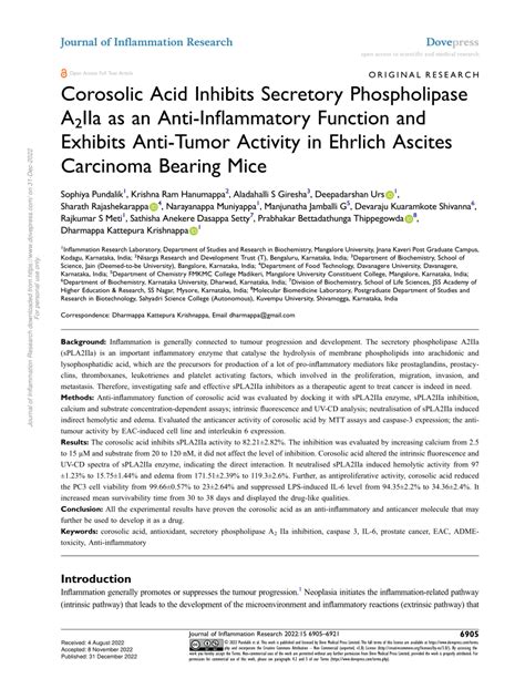 Pdf Corosolic Acid Inhibits Secretory Phospholipase A Iia As An Anti