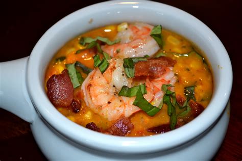 Smoky Corn Chowder With Sweet Potatoes Shrimp And Applewood Bacon A