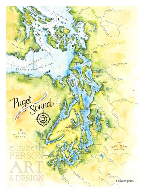 Puget Sound Map Watercolor Illustration Puget Sound Nautical Map Kitsap ...